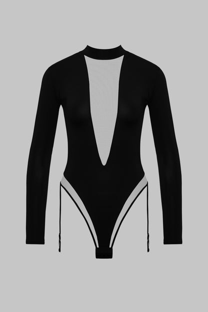 Long Sleeve V-Neck Thong Bodysuit with Garter - Pure Tentation