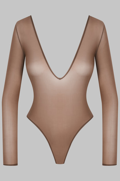 Open Back Long Sleeve Thong Bodysuit - French Kiss Light