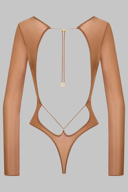 Open Back Long Sleeve Thong Bodysuit - French Kiss Light